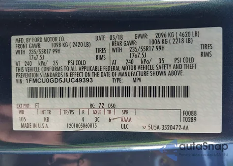 2018 Ford Escape Se из США, поврежденный, VIN 1FMCU0GD5JUC49393